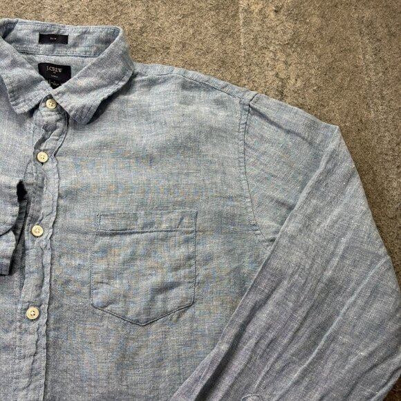 J.Crew Linen Button Up Shirt Men L Blue Solid Long Sleeve Slim Fit 46" - Picture 3 of 13